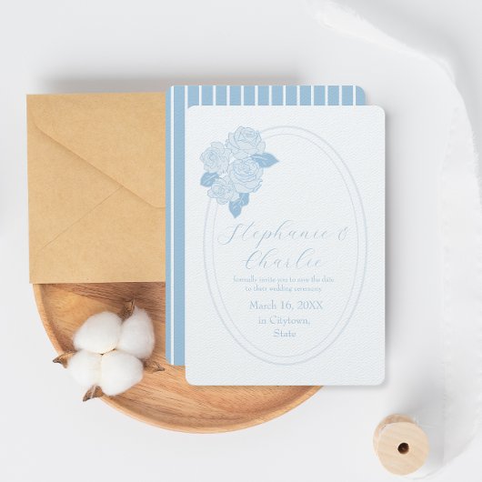 ヴィンテージダスティブルーバラ結婚式の日付を保存 招待状