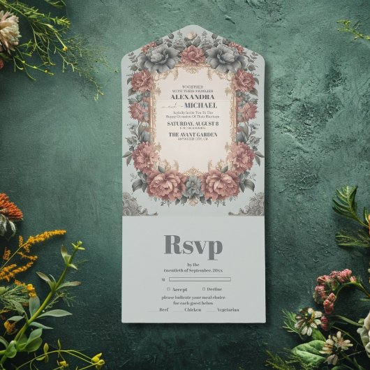 ヴィンテージダスティブルービクトリアンアールヌーボー結婚ズ オールインワン招待状