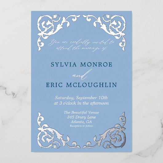 ヴィンテージダスティブルービクトリアンフォーマル結婚ズ 箔招待状 (正面)