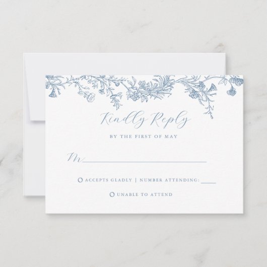 ヴィンテージダスティブルーフローラウェディングRSVPカード 出欠カード (正面)