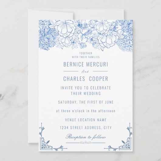 ヴィンテージダスティブルーフローラエレガントな結婚式 招待状 (正面)