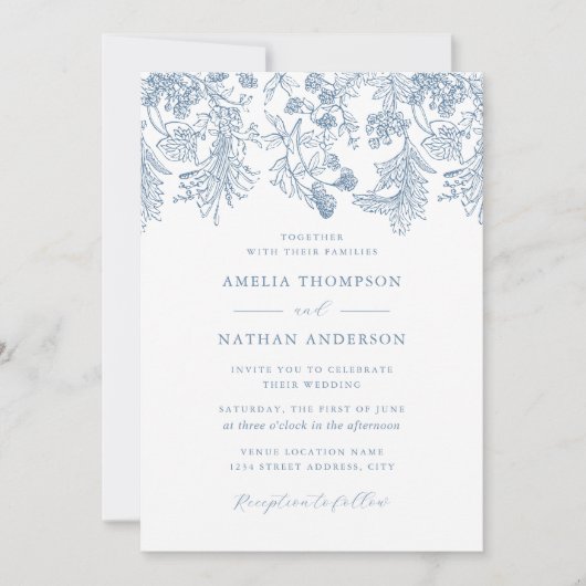 ヴィンテージダスティブルーフローラエレガントな結婚式 招待状 (正面)