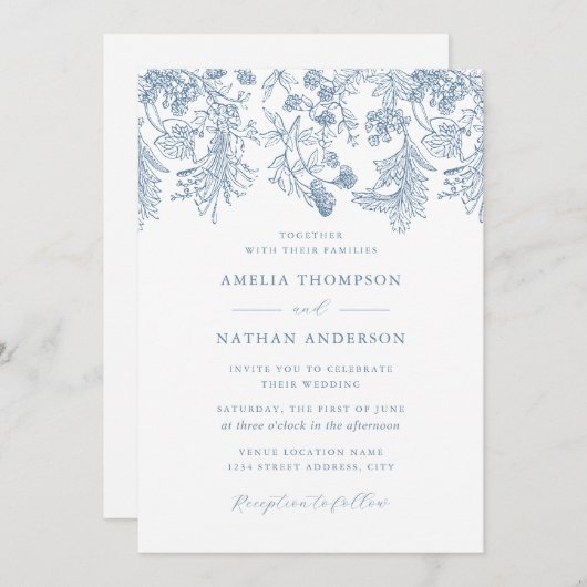 ヴィンテージダスティブルーフローラエレガントな結婚式 招待状 (正面/裏面)