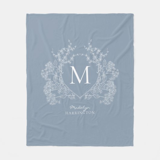 ヴィンテージダスティブルーフローラクレストモノグラム フリースブランケット (正面)
