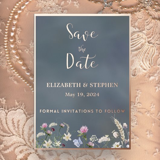 ヴィンテージダスティブルーフローラフォイル日付カードを保存 箔招待状