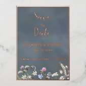 ヴィンテージダスティブルーフローラフォイル日付カードを保存 箔招待状 (正面)