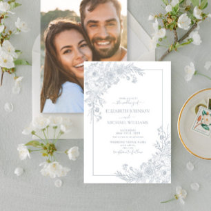 ヴィンテージダスティブルーフローララインアートフォト結婚ズ 招待状