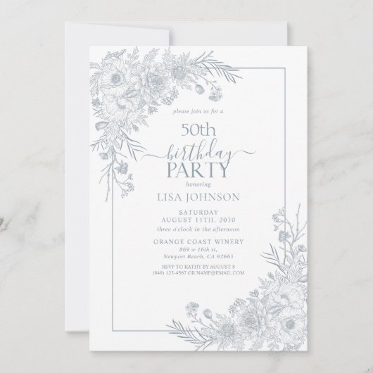 ヴィンテージダスティブルーフローララインアート50誕生日 招待状 (正面)