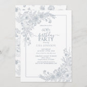 ヴィンテージダスティブルーフローララインアート60誕生日 招待状 (正面/裏面)