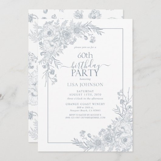 ヴィンテージダスティブルーフローララインアート60誕生日 招待状 (正面/裏面)