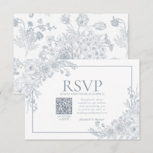 ヴィンテージダスティブルーフローララインアートQRコードRSVP 出欠カード