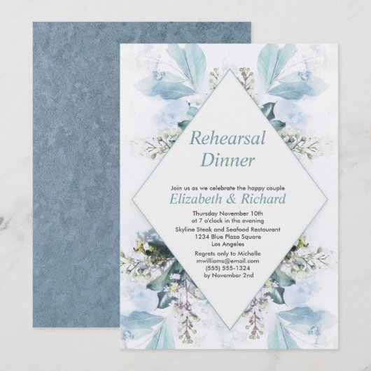 ヴィンテージダスティブルーフローラ結婚のリハーサルディナー 招待状 (正面/裏面)