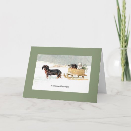 ヴィンテージダックスシュント子犬と子猫クリスマスカード シーズンカード (正面)