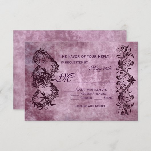 ヴィンテージダブルハートパープルウェディングRSVPカード 出欠カード (正面/裏面)