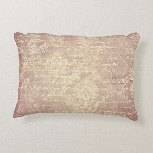 ヴィンテージダマスクとスクリプト金ゴールドとピンク動揺して アクセントクッション (裏面)