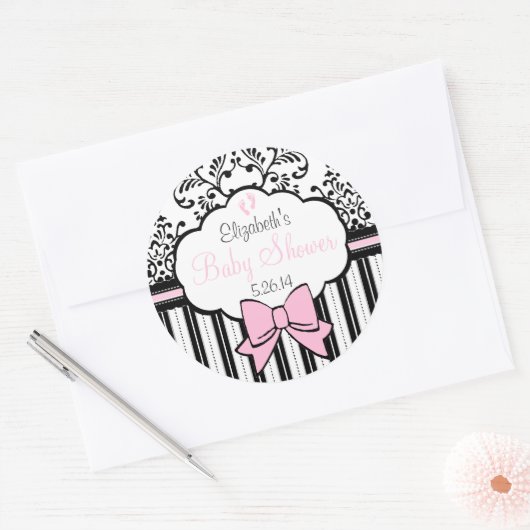 ヴィンテージダマスクとストライプピンク赤ちゃんシャワー ラウンドシール (封筒)