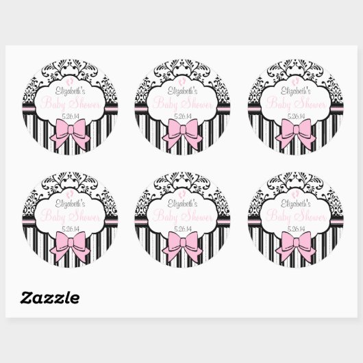 ヴィンテージダマスクとストライプピンク赤ちゃんシャワー ラウンドシール (シート)