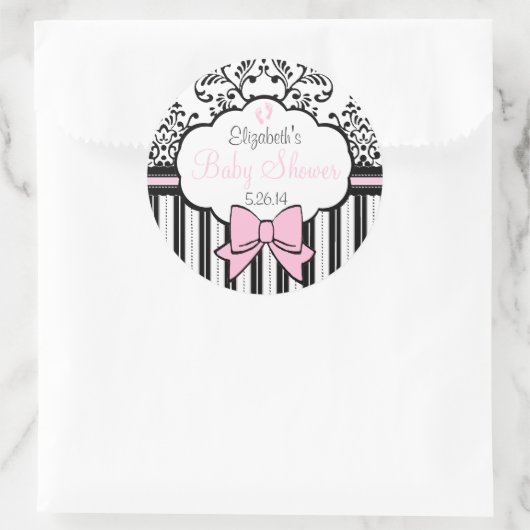 ヴィンテージダマスクとストライプピンク赤ちゃんシャワー ラウンドシール (バッグ)