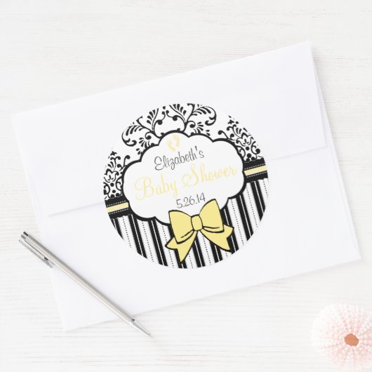 ヴィンテージダマスクとストライプ – ベビーシャワー ラウンドシール (封筒)