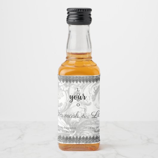 ヴィンテージダマスクとブラックレースロゴ香料 リキュールボトルラベル (正面)