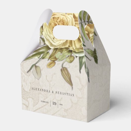 ヴィンテージダマスクとボホイエロー結婚の花 フェイバーボックス (正面サイド)