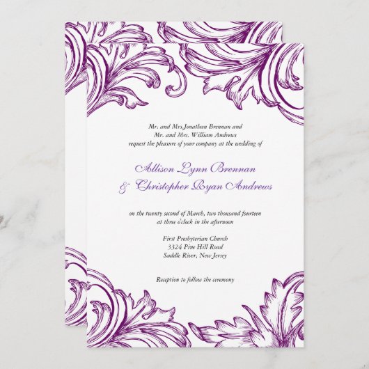 ヴィンテージダマスクウェディング招待状パープル&ホワイト 招待状 (正面/裏面)