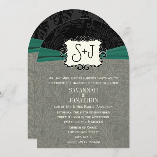 ヴィンテージダマスクエメラルドグリーンブラック結婚ズ 招待状 (正面/裏面)