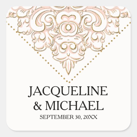 ヴィンテージダマスクエレガント赤面ピンク金ゴールドレースブライダル スクエアシール (正面)