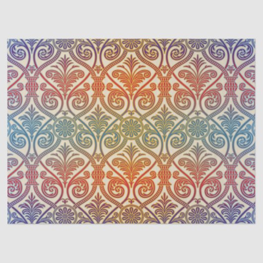 ヴィンテージダマスクコンター壁紙 – 青バイオレットレッド 薄葉紙 (正面)