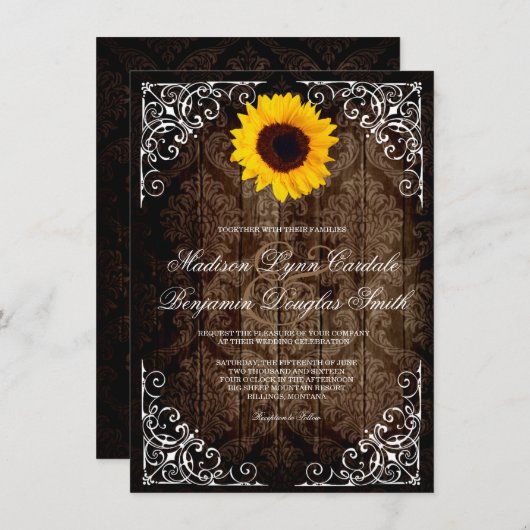 ヴィンテージダマスクサンフラワー素朴結婚式招待状 招待状 (正面/裏面)