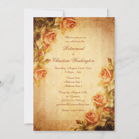 ヴィンテージダマスクシャビーシックな桃のバラリタイア 招待状 (裏面)