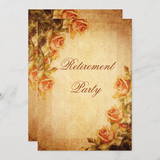 ヴィンテージダマスクシャビーシックな桃のバラリタイア 招待状 (正面/裏面)