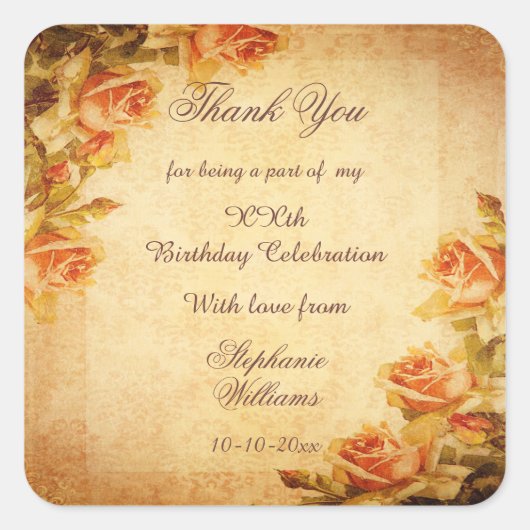 ヴィンテージダマスクシャビーシックピーチバラ誕生日 スクエアシール (正面)