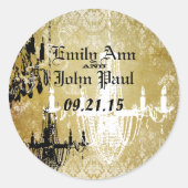 ヴィンテージダマスクシャンデリア結婚金ゴールドシール ラウンドシール (正面)