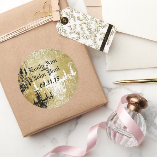 ヴィンテージダマスクシャンデリア結婚金ゴールドシール ラウンドシール (ギフト)