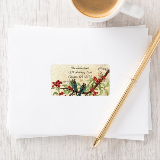 ヴィンテージダマスクティール（緑がかった色）バードブルゴーニュ開花枝 ラベル (インサイチュ)