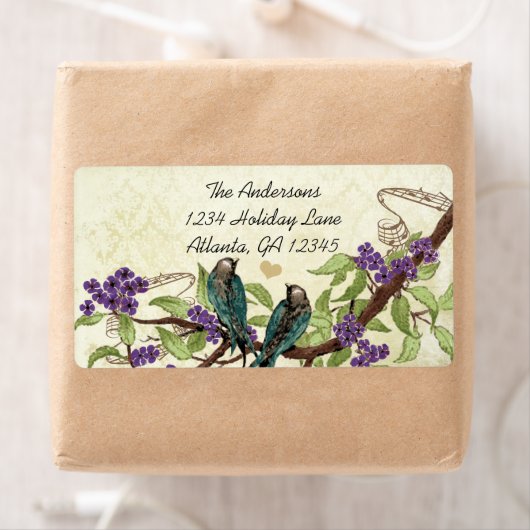 ヴィンテージダマスクティール（緑がかった色）鳥紫花枝 ラベル (インサイチュ)