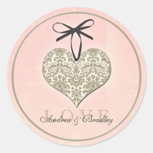 ヴィンテージダマスクハートピンク金ゴールド結婚ズ ラウンドシール (正面)