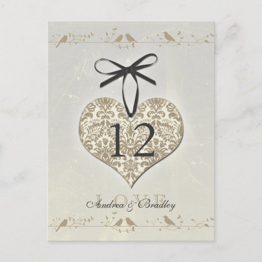 ヴィンテージダマスクハート銀金ゴールドテーブル番号 ポストカード (正面)