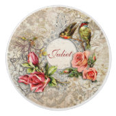 ヴィンテージダマスクバラと鳥パーソナライズされた セラミックノブ (正面)