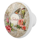 ヴィンテージダマスクバラと鳥パーソナライズされた セラミックノブ (右)