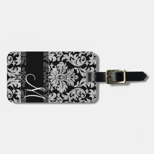 ヴィンテージダマスクパターンとモノグラム白黒 ラゲッジタグ (正面横)