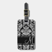 ヴィンテージダマスクパターンとモノグラム白黒 ラゲッジタグ (正面縦)