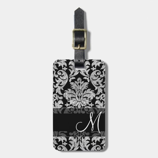 ヴィンテージダマスクパターンとモノグラム白黒 ラゲッジタグ (正面縦)