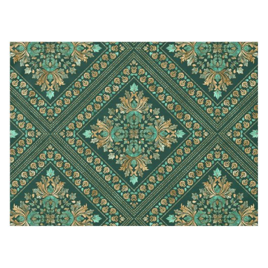 ヴィンテージダマスクパターン – エメラルドグリーンと金ゴールド テーブルクロス (正面(横))