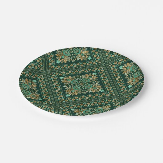 ヴィンテージダマスクパターン – エメラルドグリーンと金ゴールド ペーパープレート (アングル)