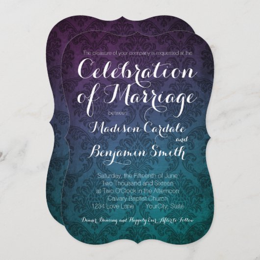 ヴィンテージダマスクパープルアクアグラデーションウェディング招待状 招待状 (正面/裏面)
