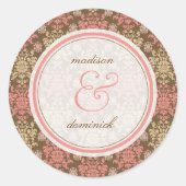 ヴィンテージダマスクピンクレースエレガントなウェディングステッカー ラウンドシール (正面)