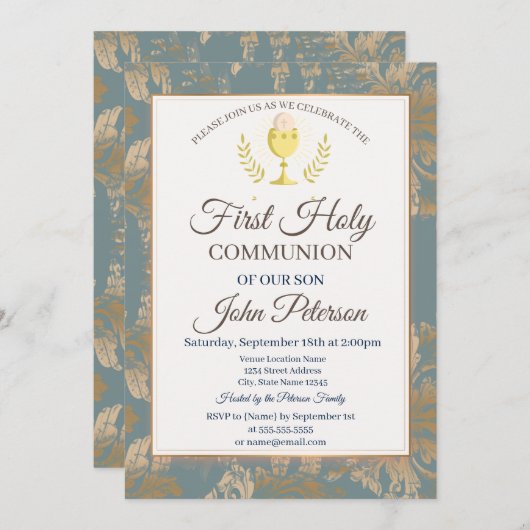 ヴィンテージダマスクファースト聖餐式 招待状 (正面/裏面)