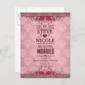 ヴィンテージダマスクフローラ結婚式の日付を保存 案内ポストカード (正面/裏面)